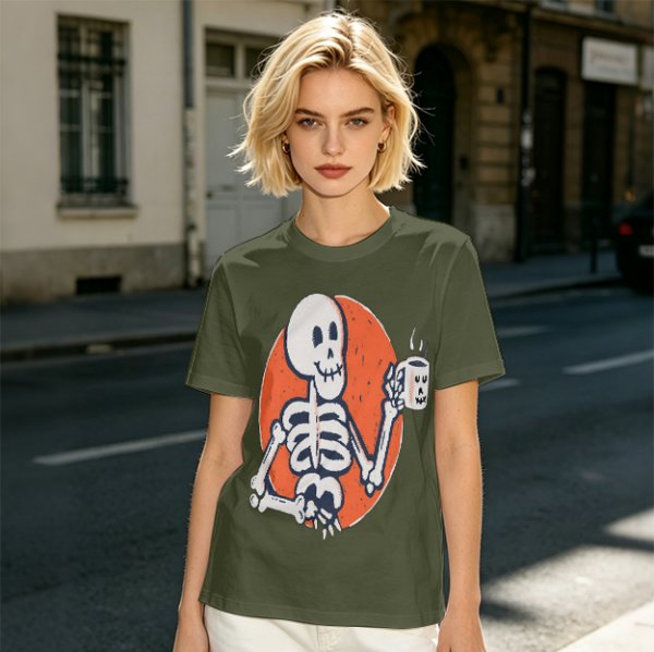 Olive Skeleton Holding Coffee Mug Graphic T-Shirt