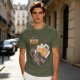 Oversized olive t-shirt with raccoon drinking beer graphic