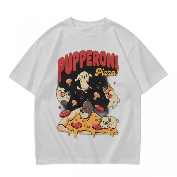 Olive green graphic t-shirt with playful pupperoni pizza dog design