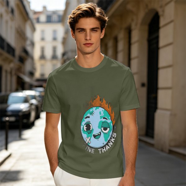 Olive T-shirt with Worn Burning Earth Graphic and 'Fine Thanks' Text