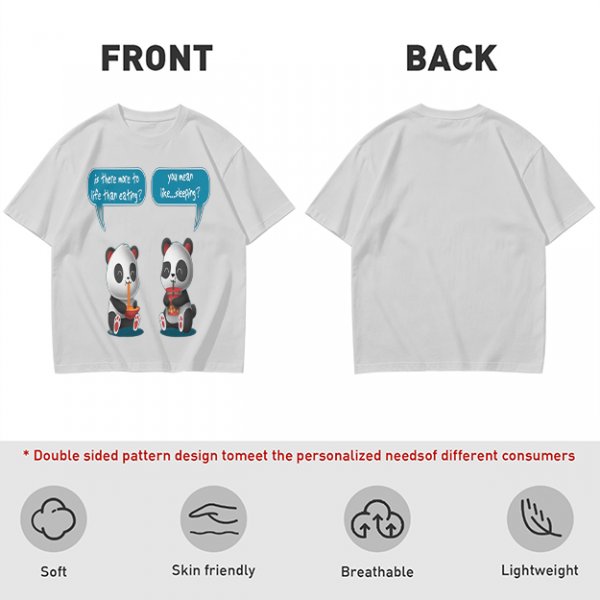 Olive t-shirt with pandas discussing life beyond eating and sleeping