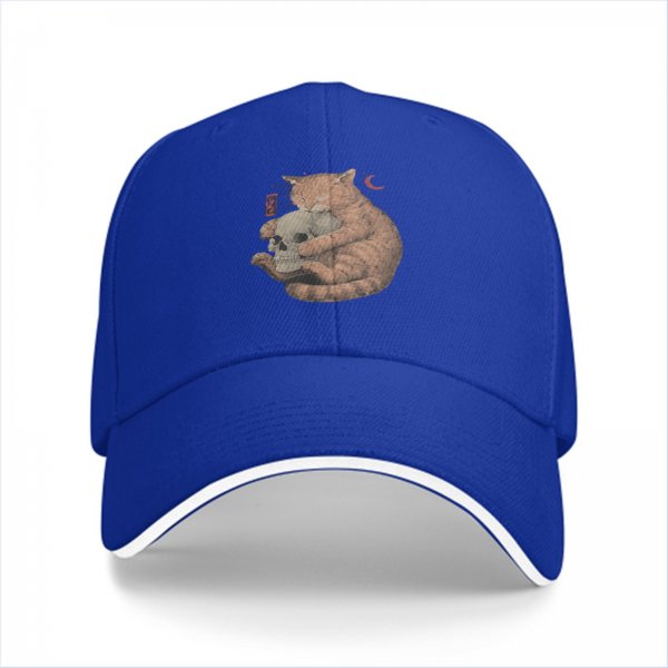 Black baseball cap with orange cat hugging skull and crescent moon print