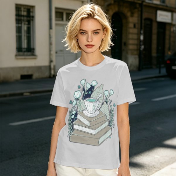 Olive T-Shirt With Stacked Books Teacup Floral Print