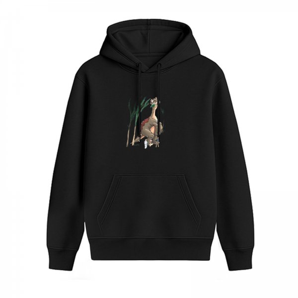 Black hoodie with cartoon dinosaur graphic print