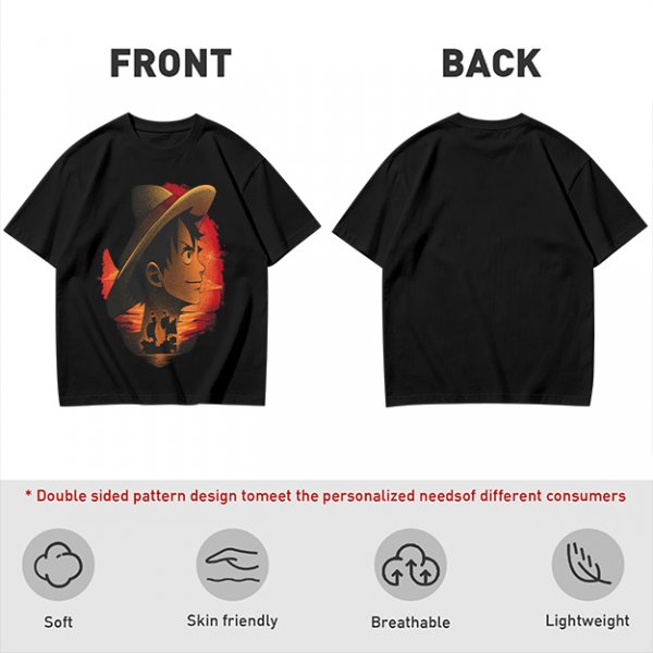 Olive T-Shirt Featuring Monkey D. Luffy Sunset Pirate Ship Art