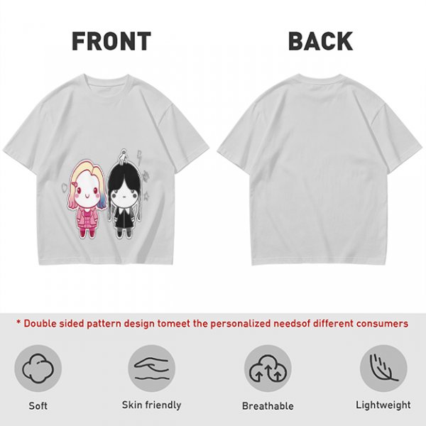Olive T-Shirt with Chibi Wednesday Addams and Enid Sinclair Print