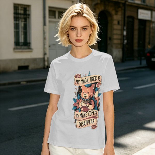 Olive t-shirt with a cat wizard making coffee disappear magic trick print