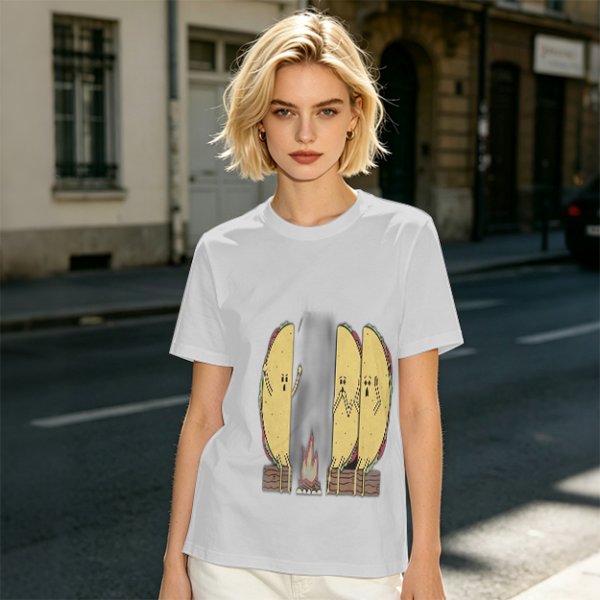 Olive T-Shirt With Funny Taco Characters Around A Campfire