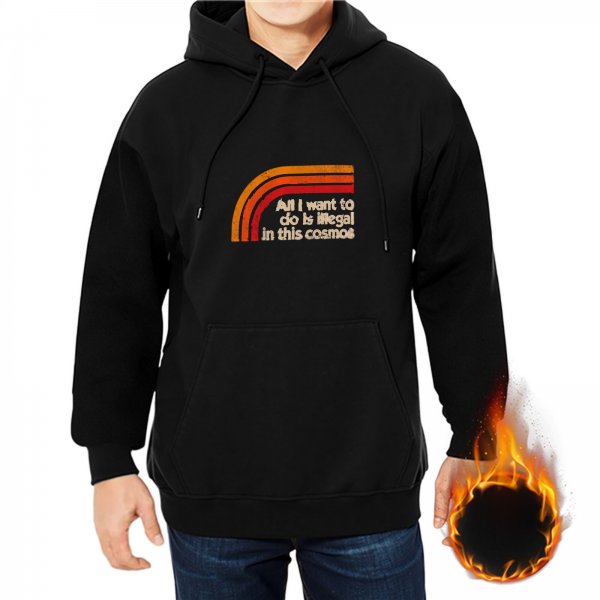 Black hoodie with retro rainbow and 'All I want to do is illegal in this cosmos' text