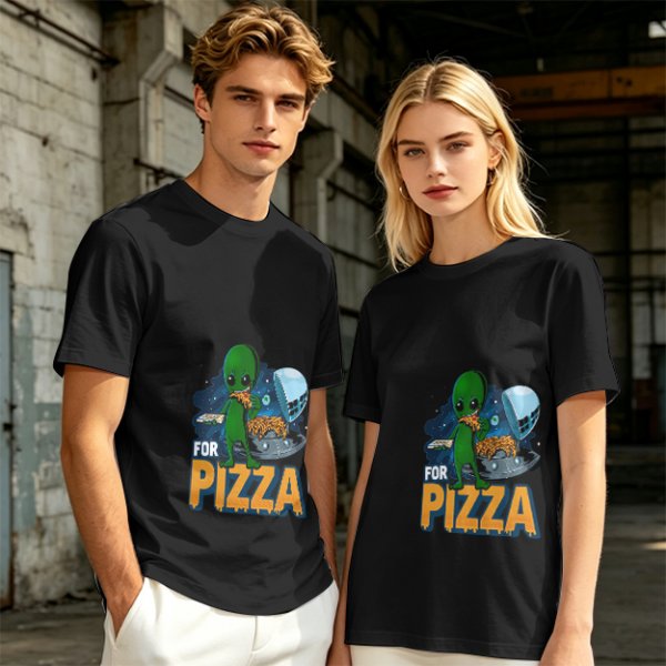 Olive Green T-Shirt with Alien Eating Pizza UFO Graphic
