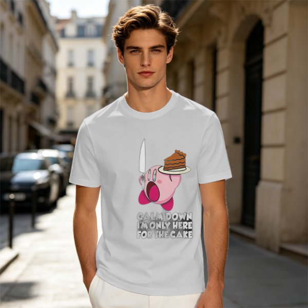 Olive t-shirt with Kirby holding knife and cake, text Calm Down I'm Only Here For The Cake