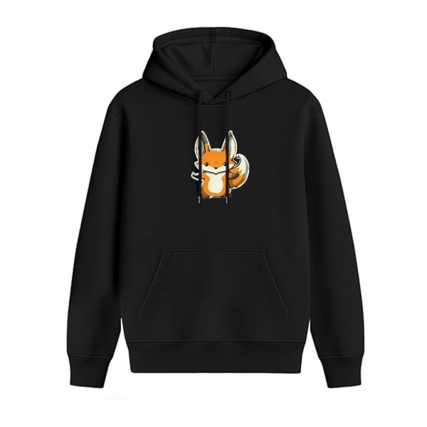 Black Hoodie With Cute Cartoon Fox Graphic Print