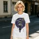 Olive T-shirt with dark anime elf mage holding staff and purple magic circle print