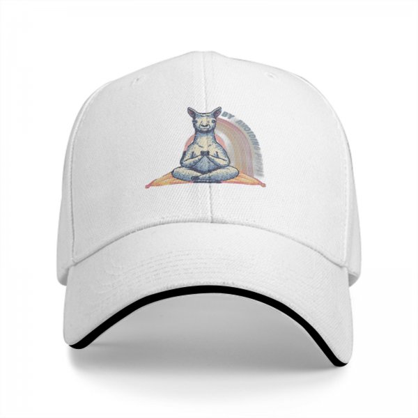 Black Baseball Cap With Meditating Llama Rainbow Print