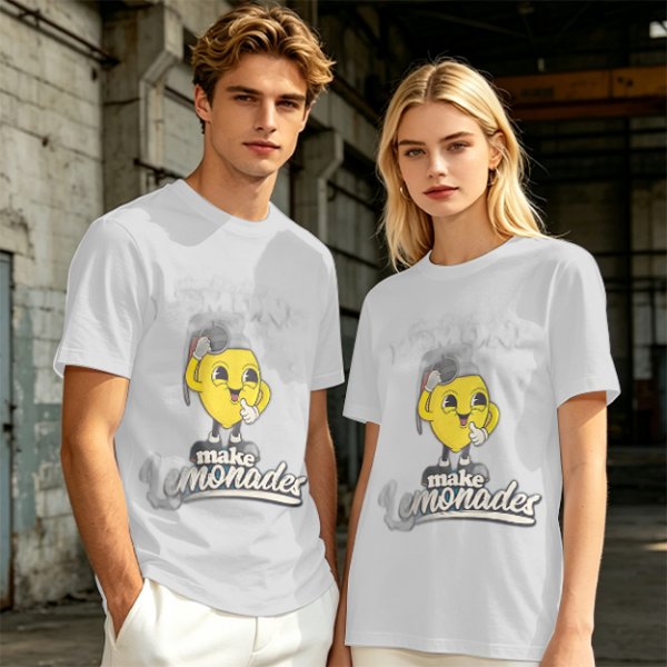 Olive green t-shirt with cheerful lemon mascot graphic and make lemonades text