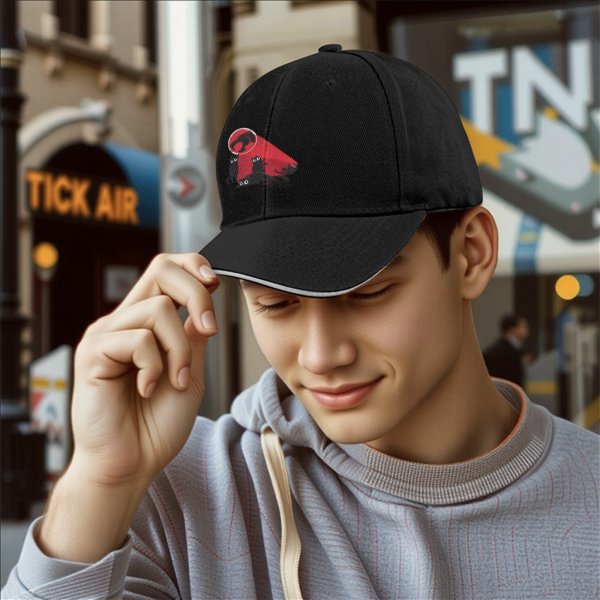 Black Baseball Cap With Playful Black Cat Red Graphic Design