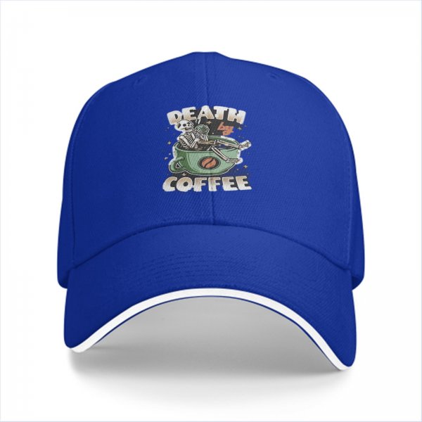 Black Baseball Cap With 'Death By Coffee' Skeleton Graphic