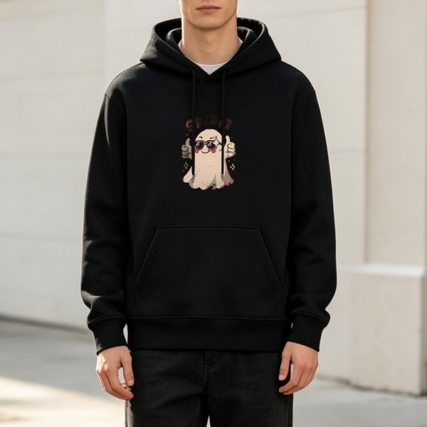 Black Hoodie With Cool Thumbs Up Ghost Graphic Print