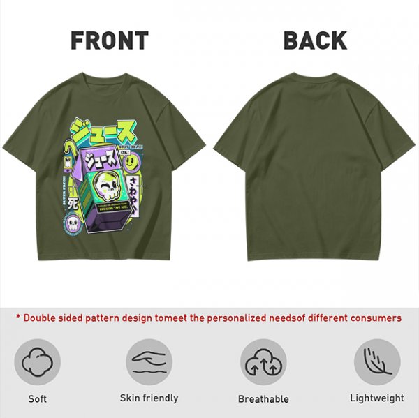 Olive T-shirt with spooky juice box graphic and playful skull art