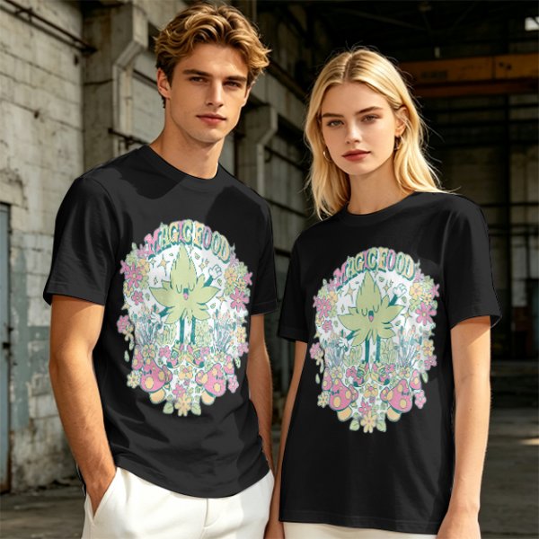 Olive Green Graphic T-Shirt With Whimsical Plant Creature And Floral Print