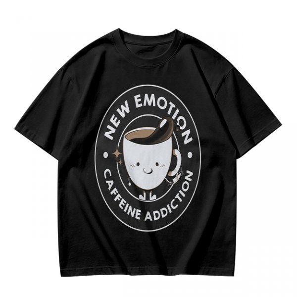 Olive t-shirt with 'New Emotion Caffeine Addiction' coffee cup graphic