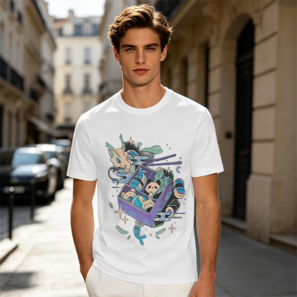 Olive t-shirt with whimsical bento box animal graphic print