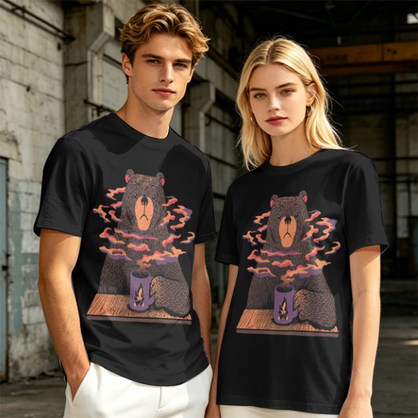 Olive T-Shirt With A Bear Holding A Campfire Mug Design