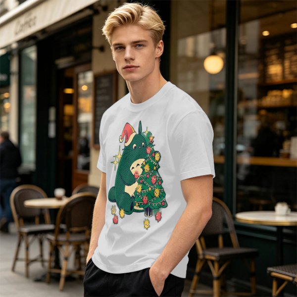 Olive Green T-Shirt With Christmas Totoro Decorating Tree Print