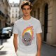 Olive green t-shirt with cute cartoon flaming asteroid graphic