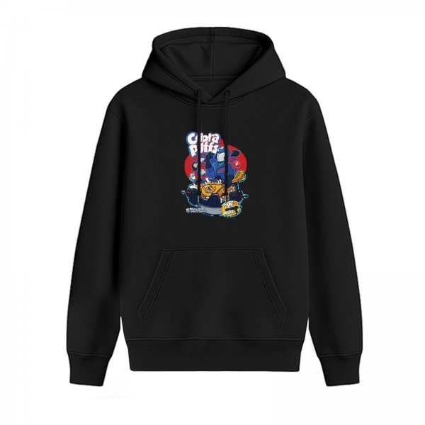 Black hoodie with colorful Cobra Puffs graphic print