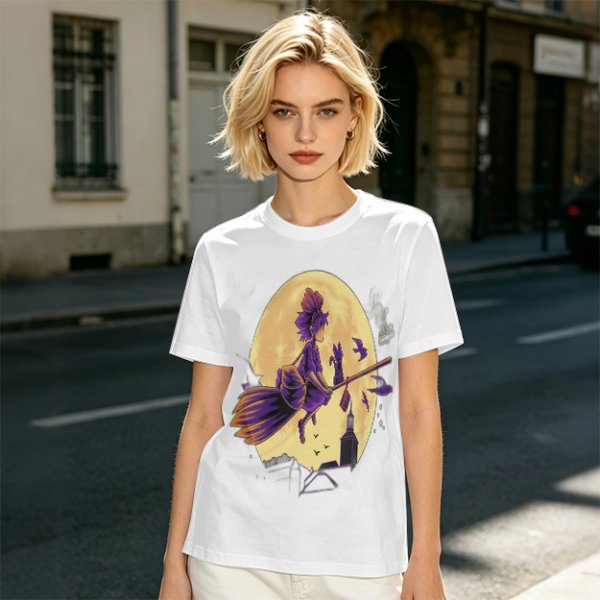Olive t-shirt with witch flying on broom against full moon