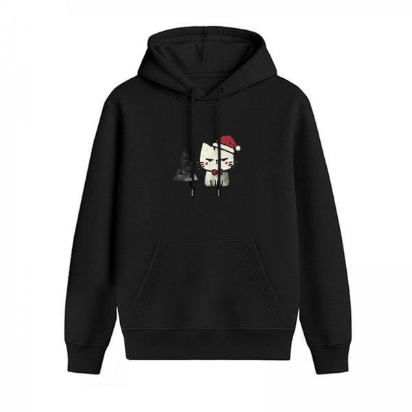 Black hoodie with grumpy Christmas cat and small tree graphic