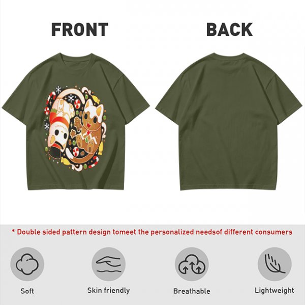 Olive Green T-Shirt With Christmas Cat Gingerbread Candy Print