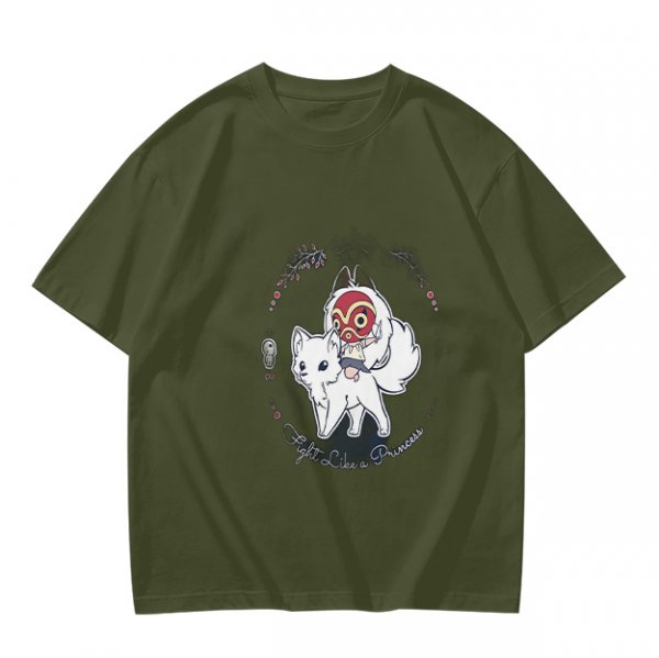 Olive T-Shirt With Chibi Princess Mononoke Wolf Rider Artwork