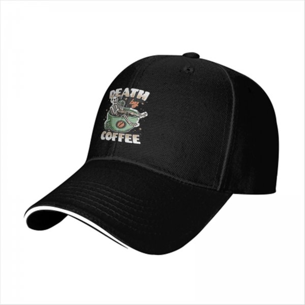 Black Baseball Cap With 'Death By Coffee' Skeleton Graphic