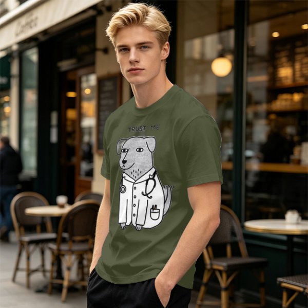 Olive T-shirt with Trust Me Doctor Dog Graphic Print