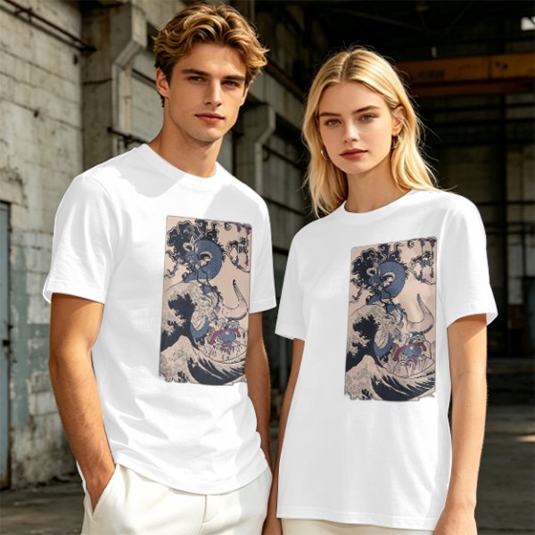 Olive T-Shirt with Japanese Ukiyo-e Dragon and Wave Print