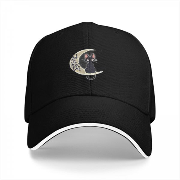 Black Baseball Cap with Black Cat on Crescent Moon Design