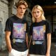 Olive T-shirt with Cyberpunk City Bridge Character Art Print