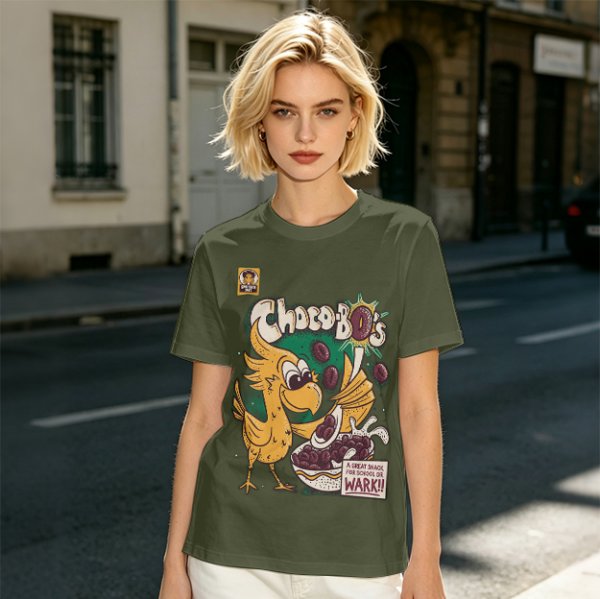 Olive t-shirt with Choco-Bo's cereal graphic featuring a yellow bird