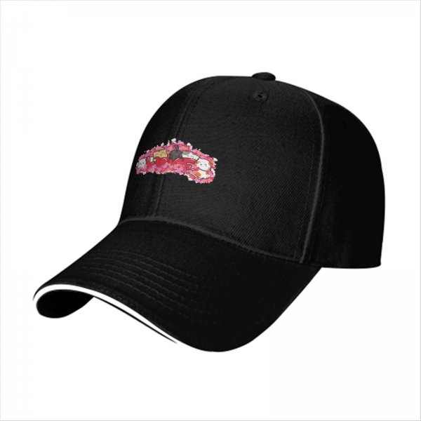 Black baseball cap with cute cat and pink floral graphic