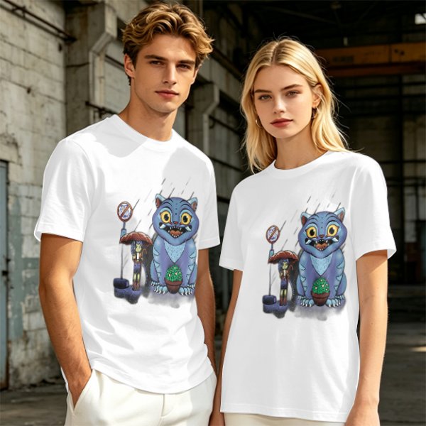 Olive T-Shirt With Whimsical Blue Cat And Mushroom Figure Print