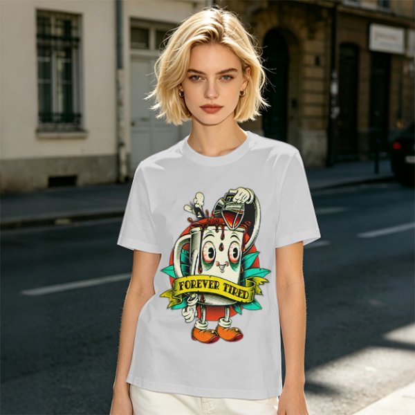 Forever Tired Coffee Mug Cartoon Character T-Shirt Design