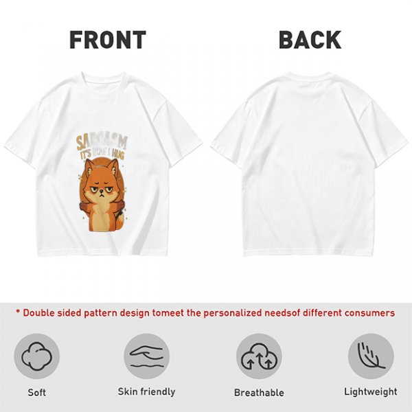 Olive green t-shirt with grumpy fox offering a hug graphic