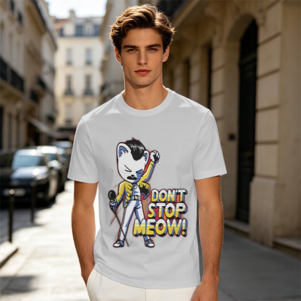Olive graphic t-shirt with cat Freddie Mercury 'Don't Stop Meow' print