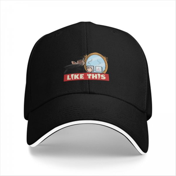 Black baseball cap with mirror and coffee graphic that says LIKE THIS