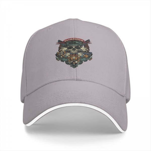 Black Baseball Cap With Swordsman Skull Graphic Design