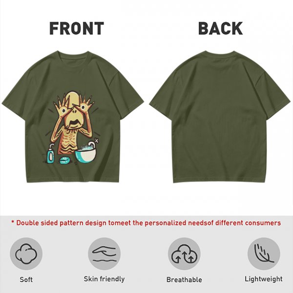 Olive T-shirt with a startled alien washing hands graphic
