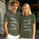 Olive green graphic tee with coffee cup illustrations and playful coffee text