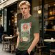 Olive T-shirt with Samurai Cat Riding Giant Frog Japanese Art Print